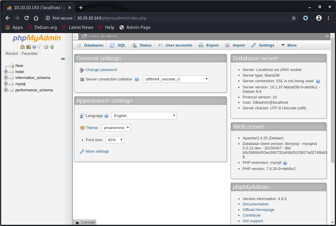 Successful PHPMyAdmin login