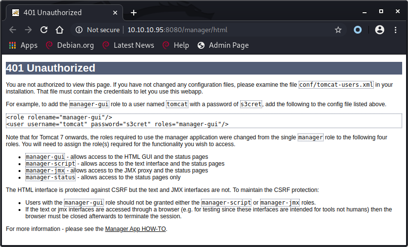 Tomcat 401 page showing default credentials